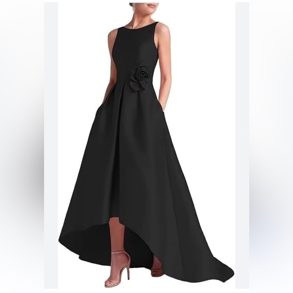 Miss Veil Black Satin Dress High Low Hemline Sleeveless A Line Boat Neck Size 10